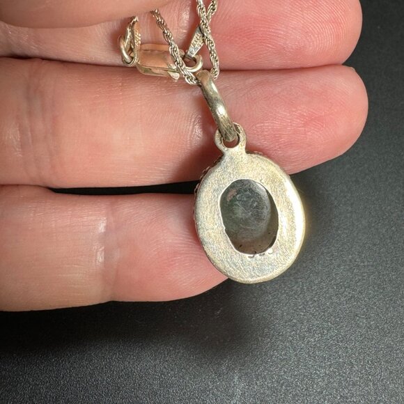 Sterling Silver 925 Green Quartz Beaded Border Pendant Necklace Size 16'' Length - Picture 5 of 8